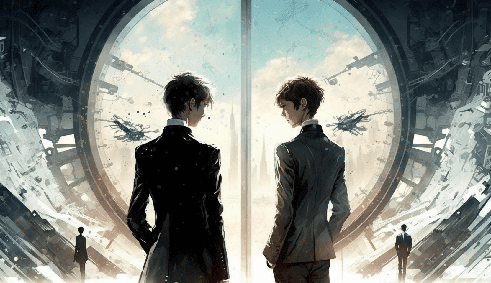 Two men in suits standing inside a futuristic, circular structure, facing each other with a bright, cloudy sky in the background.