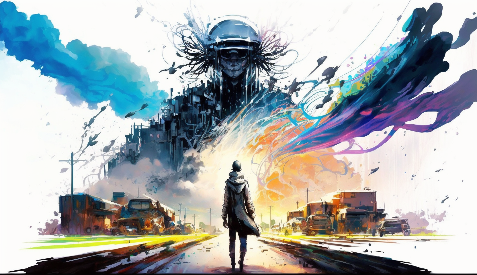 A lone figure walking towards a colossal, abstract structure that combines elements of machinery and art, enveloped in vivid, swirling colors and surreal imagery.
