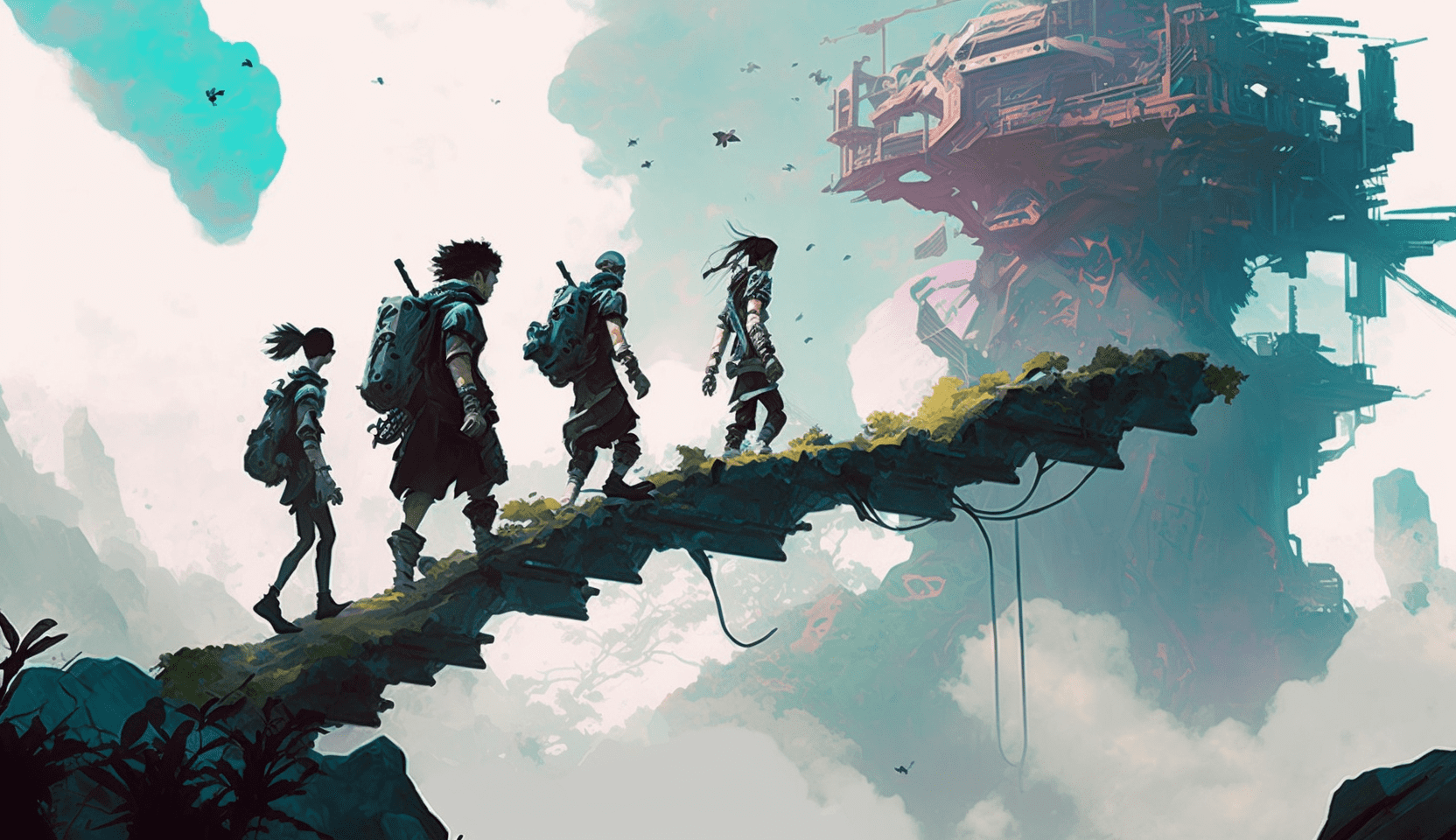 Four adventurers walking on a worn, elevated path towards a massive, futuristic structure in a misty, mountainous landscape.