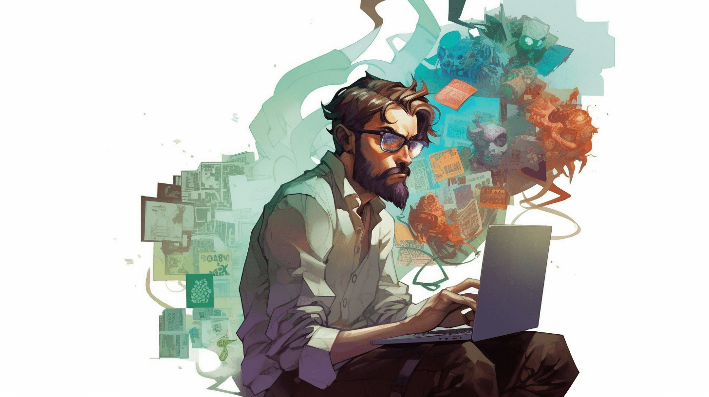 A man with glasses and a beard is working intently on a laptop surrounded by a chaotic mix of notes, papers, and abstract elements.