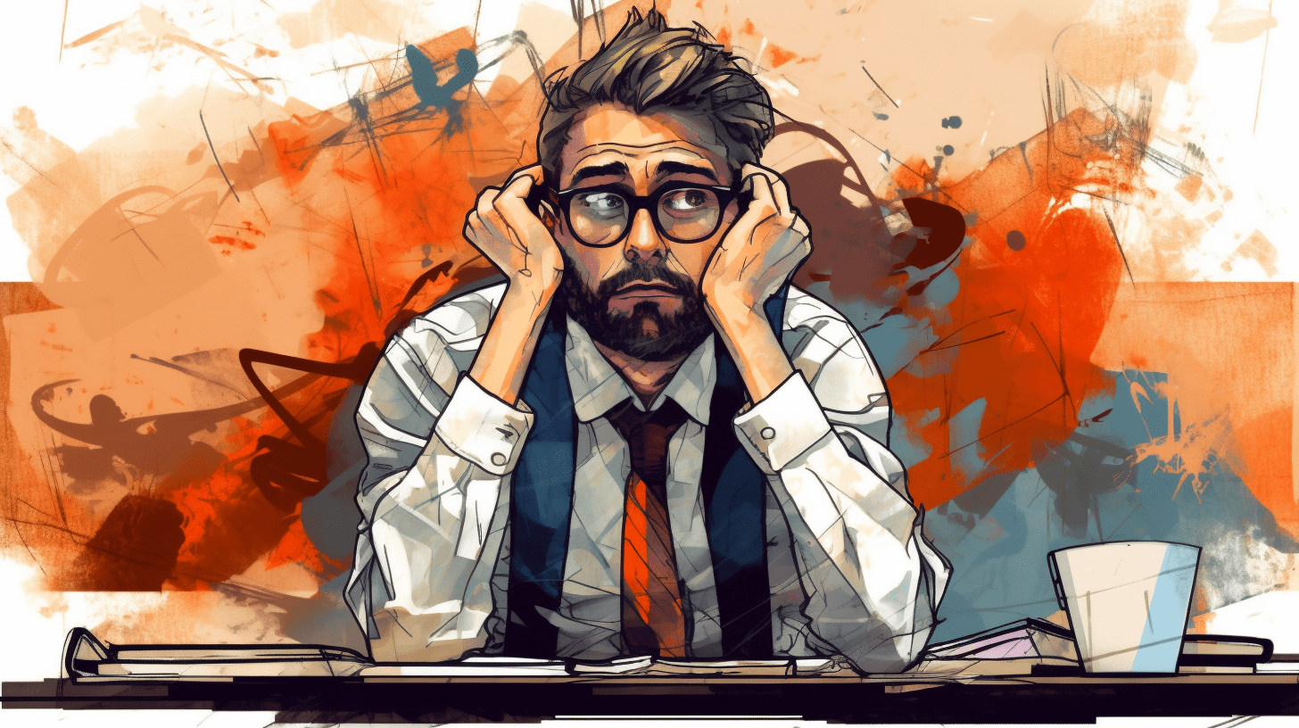 Illustration of a frustrated man in a tie and vest sitting at a desk with his hands on his face, with a messy colorful background.