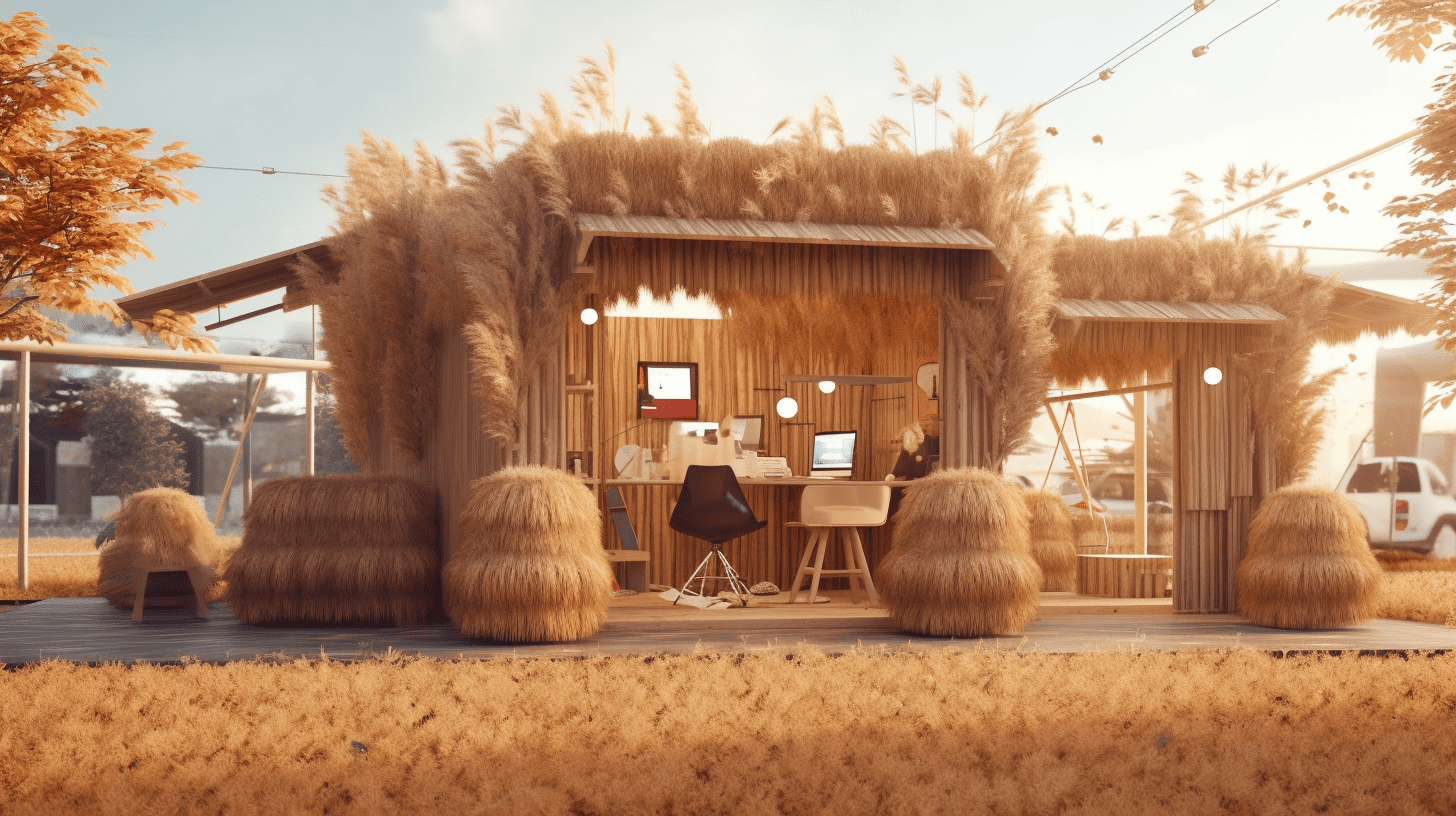 A rustic outdoor office setup surrounded by tall seagrass and wooden furniture, with computers and chairs inside, under a canopy with warm, soft lighting.