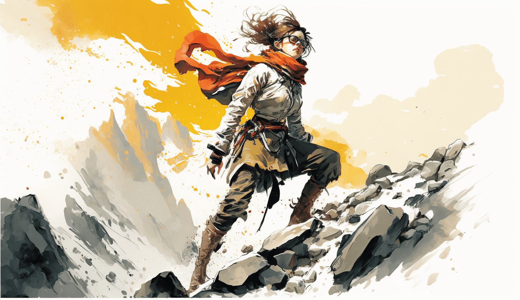 A woman in rugged adventure attire, wearing goggles and a red scarf, stands triumphantly on rocky terrain with a dramatic yellow and orange background.