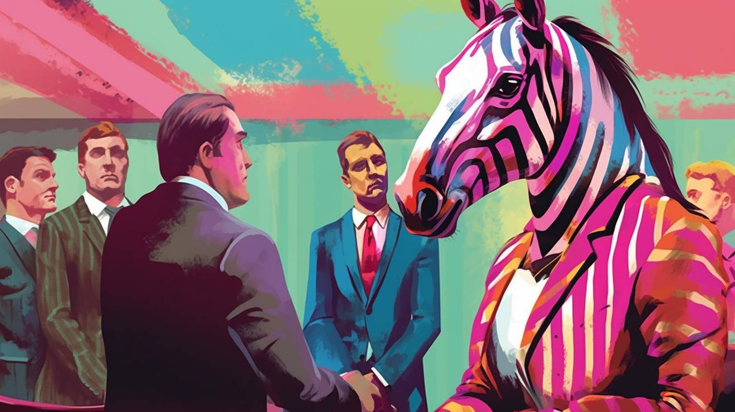 Colorful illustration of businesspeople in suits, with one character having the head of a zebra.