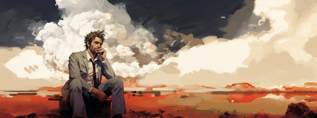 A man in a suit sits pensively on a box in a surreal, barren landscape with dramatic clouds in the background.