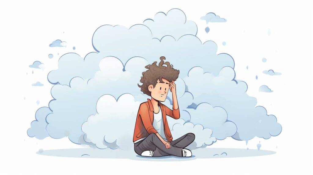 A person sitting on the ground with a cloudy, foggy background, appearing thoughtful or concerned.