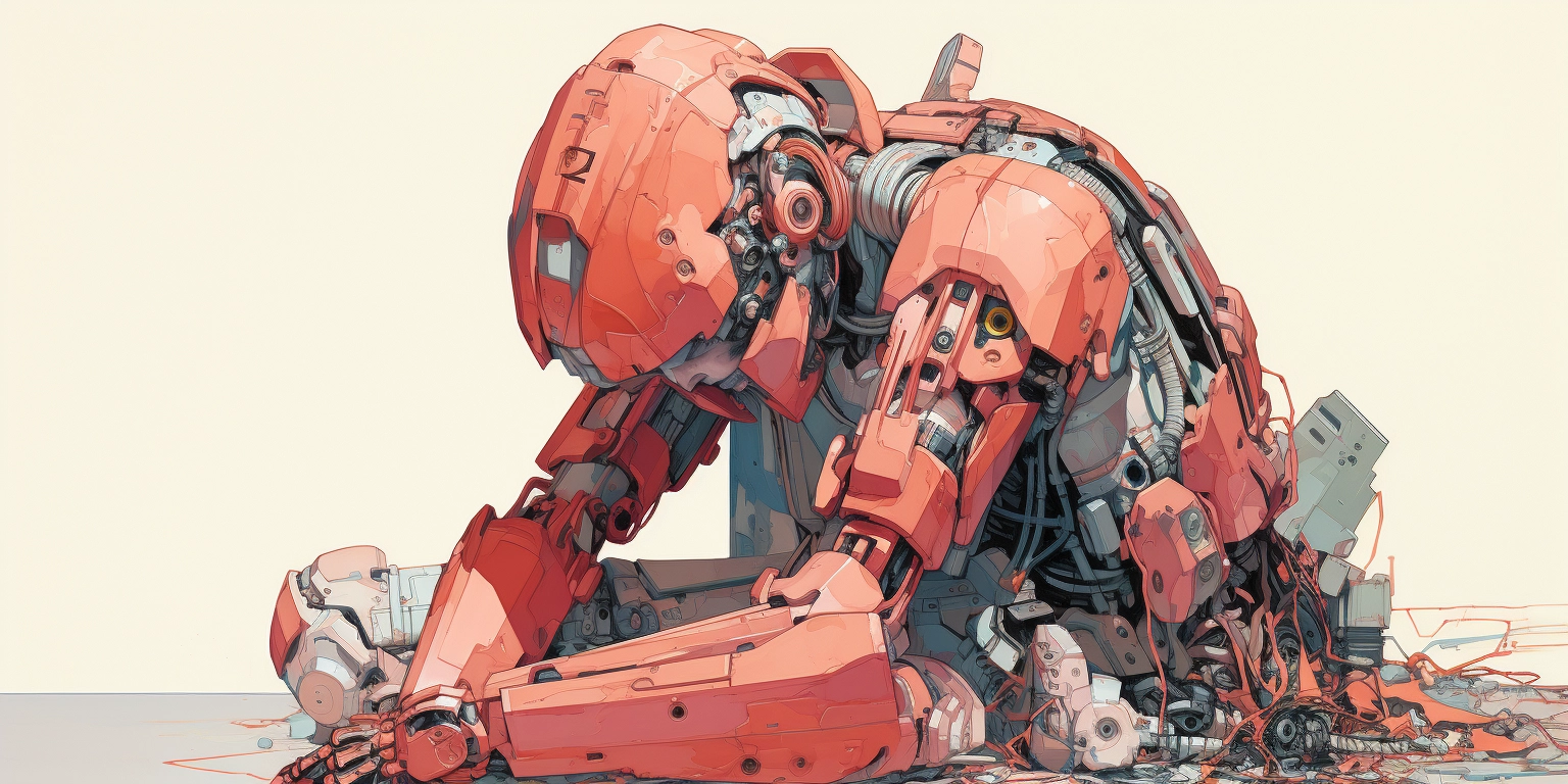 A red, humanoid robot kneeling and leaning forward with its head bowed, surrounded by disassembled parts and wires.