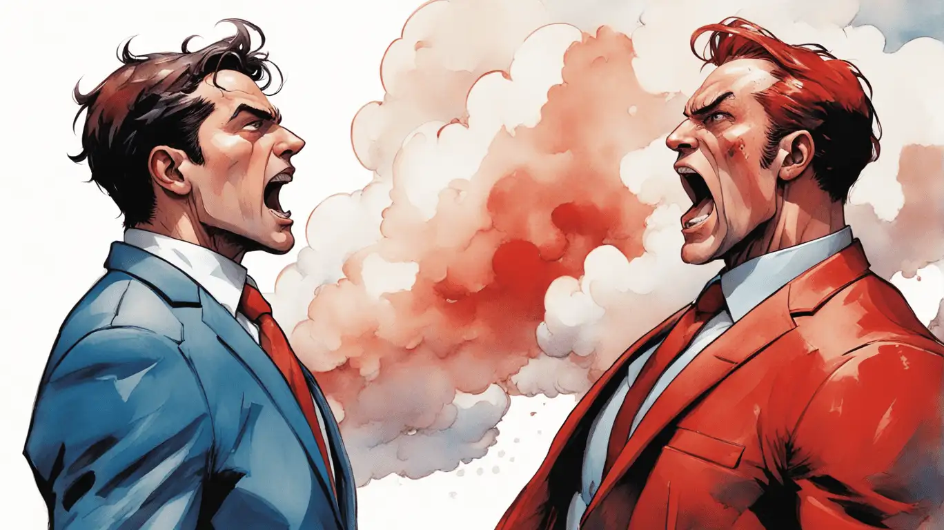 Two cartoon men in suits yelling at each other, with colorful smoke in the background.