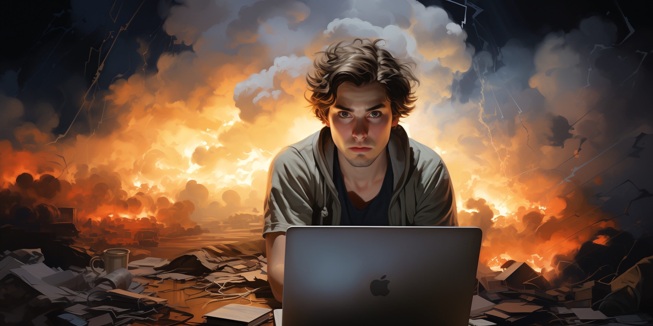 A person with curly hair intensely focused on a laptop in front of a dramatic, fiery explosion backdrop, with scattered papers and a mug around them.